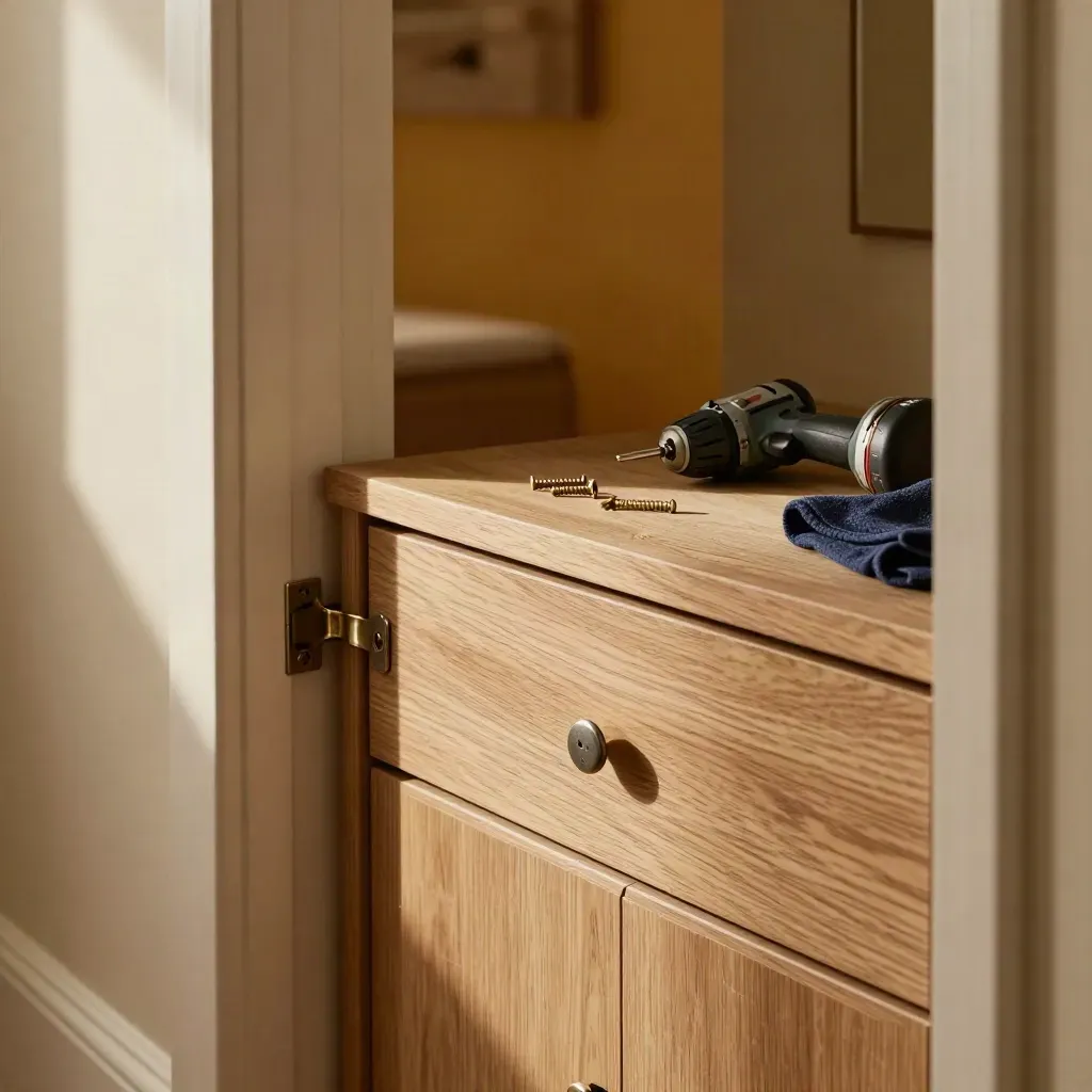 Repaired cabinet hinge on a pale oak sideboard with driver, screws, wood filler and cloth.