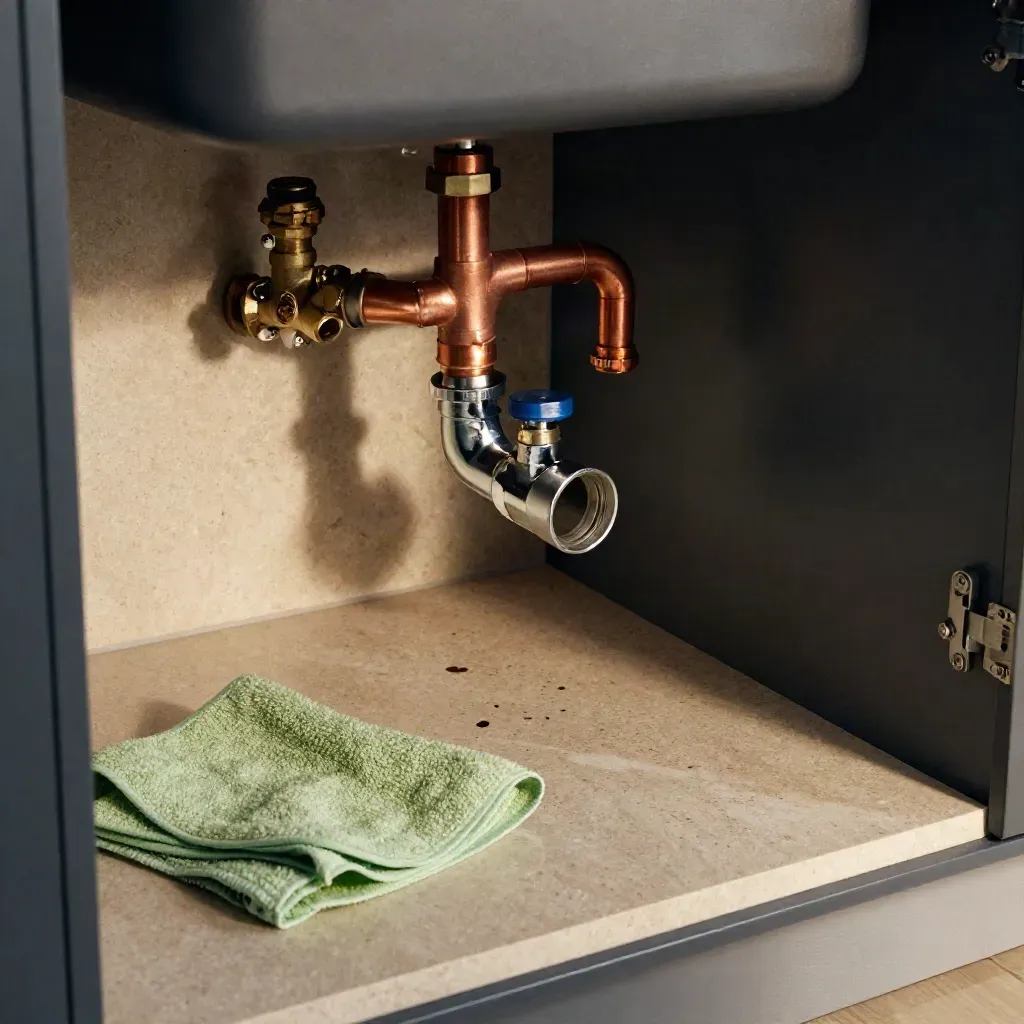 Dry under-sink plumbing repair with chrome trap, copper pipes, towel and soft daylight