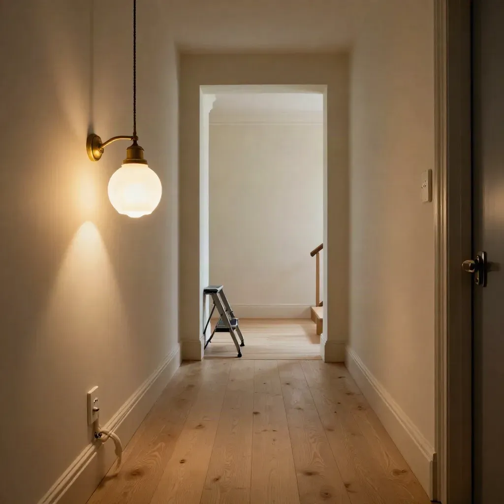 Glowing pendant light over a tidy landing with new socket faceplate and cable trunking