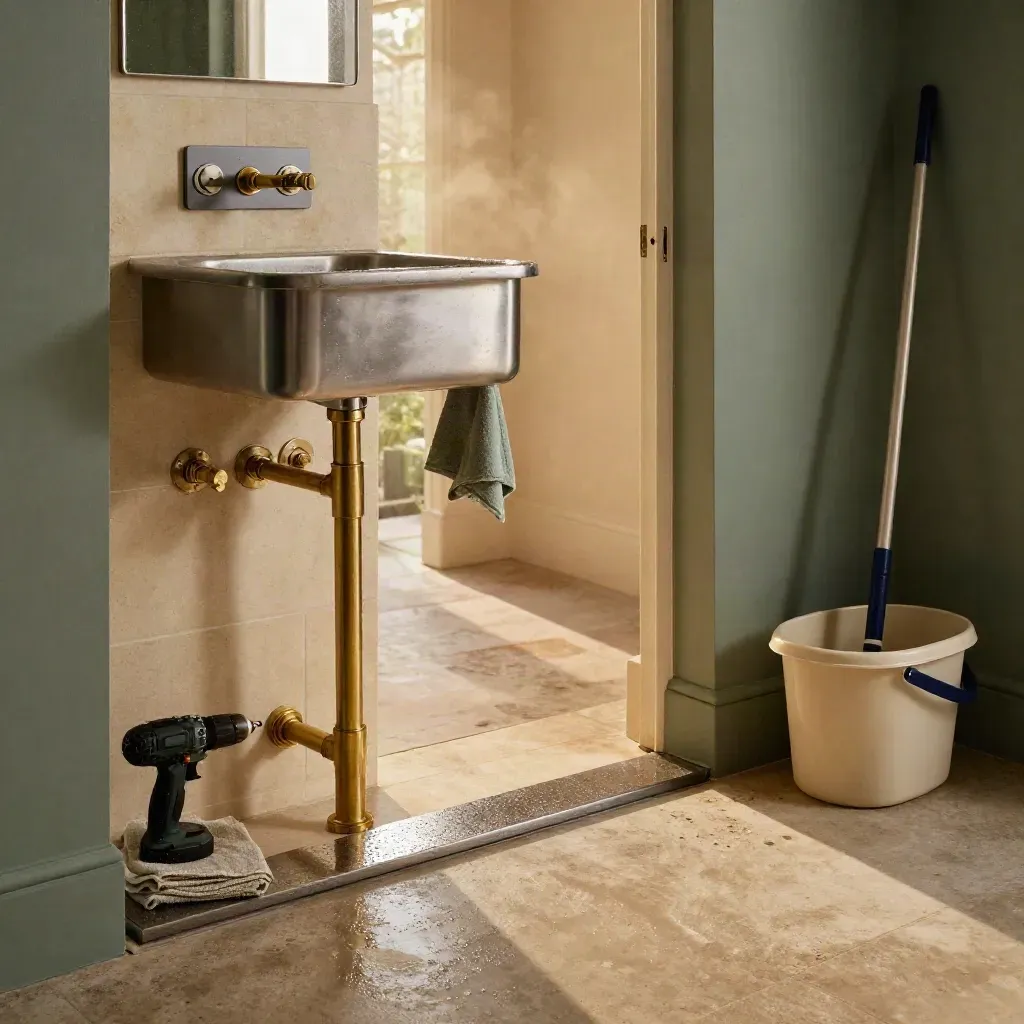 Freshly serviced London utility room with sink, fittings, drill, cloths and mop bucket in morning light.