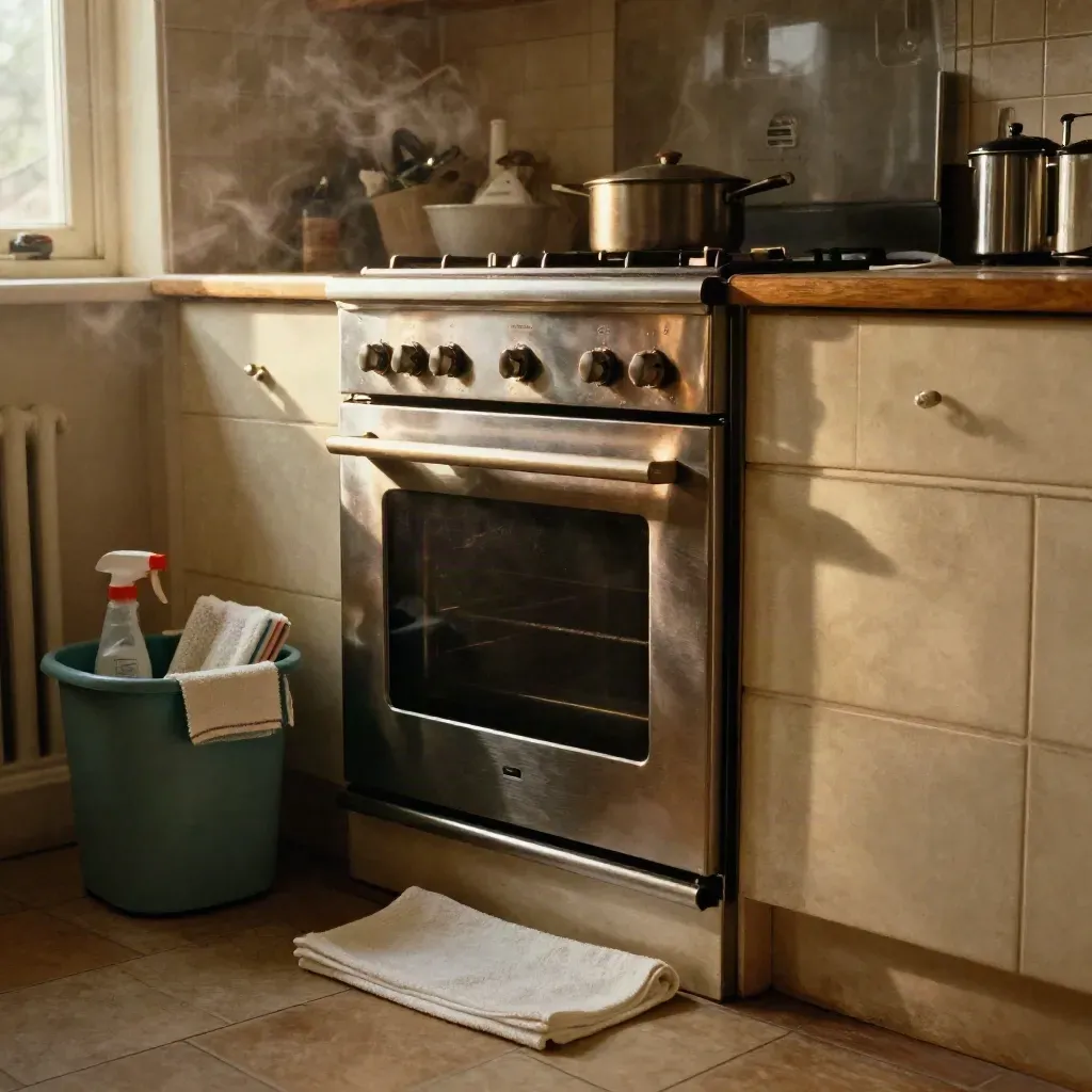 Freshly cleaned oven, scrubbed hob, white towel, and teal caddy in a warm kitchen corner.