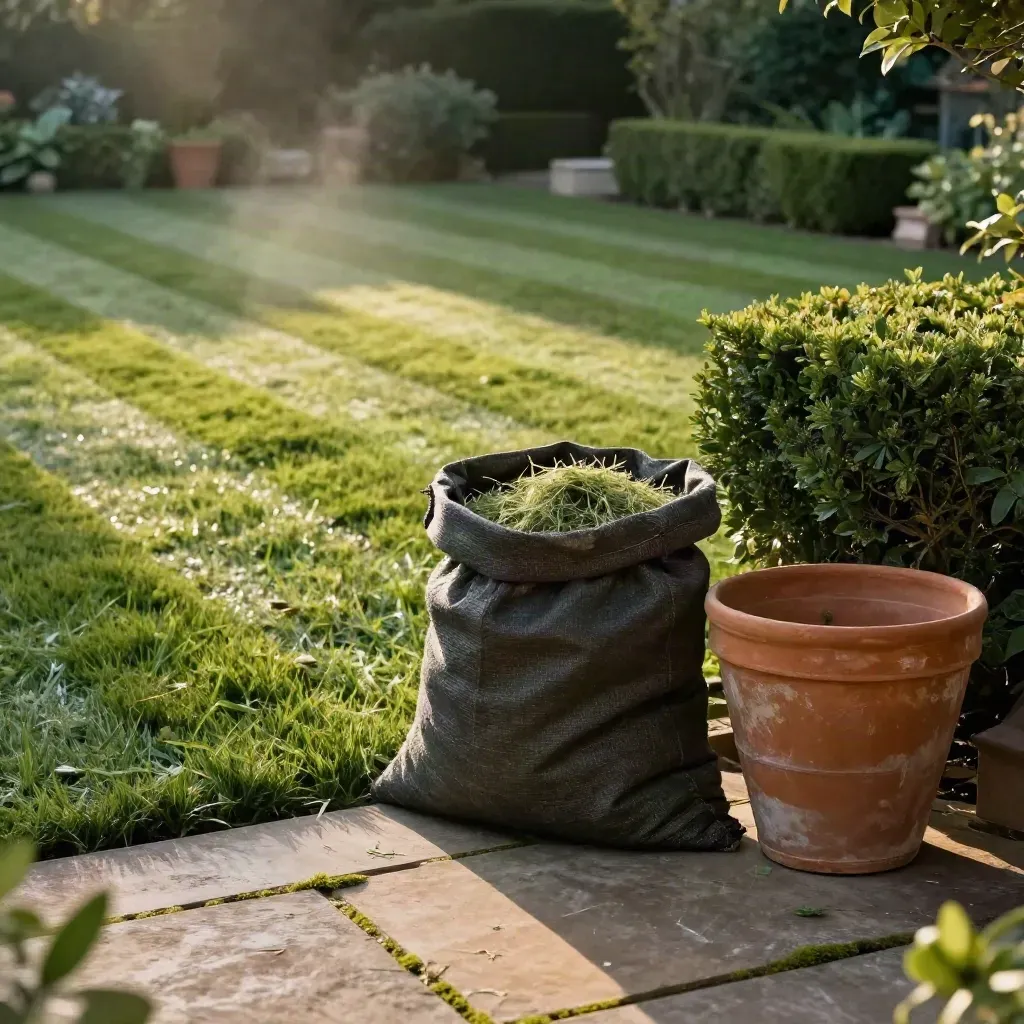 Fresh lawn stripes, clipped hedge, grass sack and terracotta pot on a stone patio.