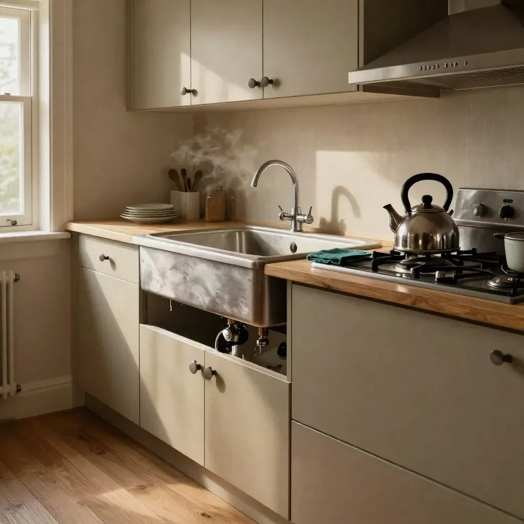 Spotless kitchen sink, repaired chrome trap, dry cabinet space, and a steaming kettle on a clear hob.
