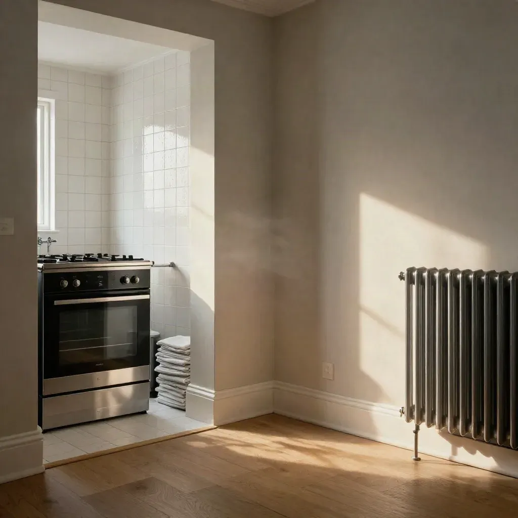 Empty London flat, gleaming oven, freshly cleaned bathroom tiles, dust sheets by the door