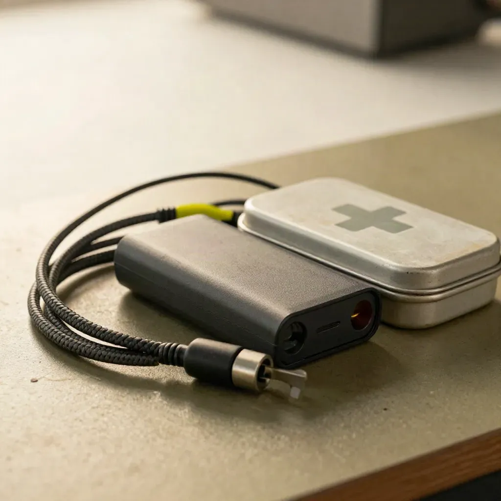 Coiled headset cable, power bank and first-aid tin on a worn laminate desk